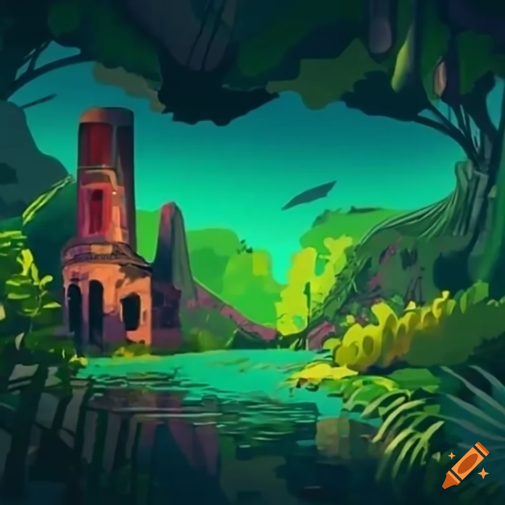 Lush greenery overtaking abandoned industrial ruins in a dynamic scene