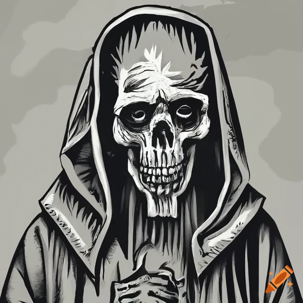 Robed ghoul priest with skull mask in medieval woodcut style