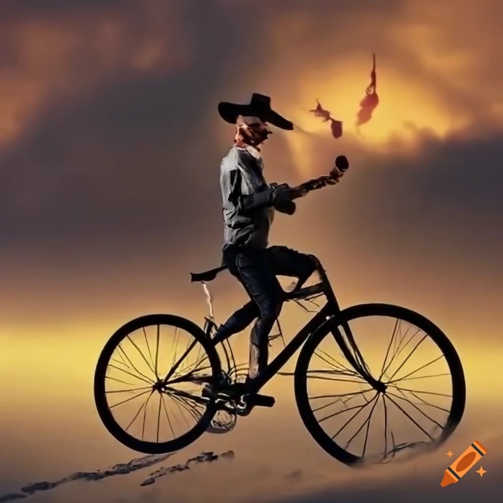 Courageous superhero Biker Man Extreme with pilgrim hat on a bicycle