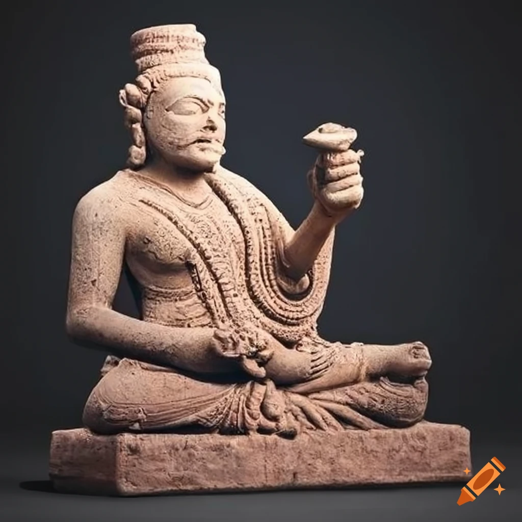 Ancient Indian sculpture of a Harappan philosopher with a telescope