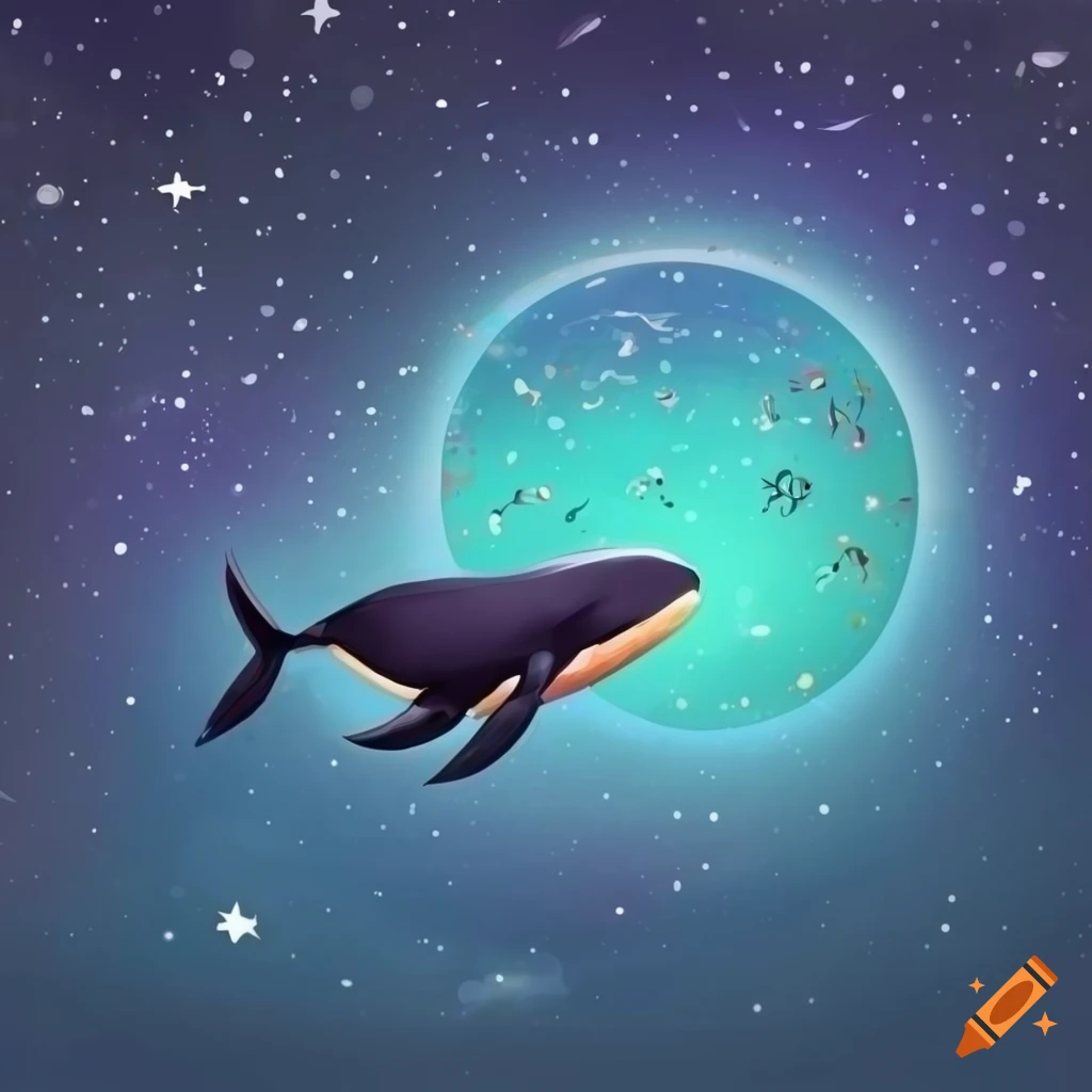 Majestic whale floating in a starry sky with childlike drawing style planets