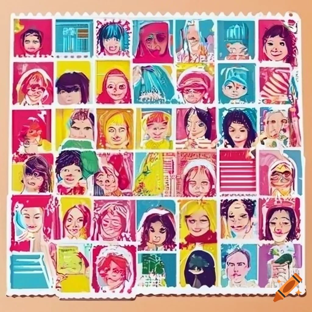 Portrait stamp sticker set featuring Asian girl in bright colors