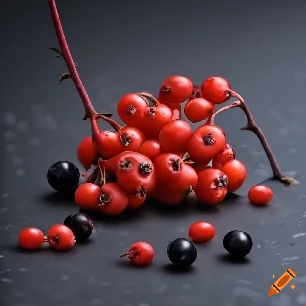 Sorbus and currant berries on a textured black stone table