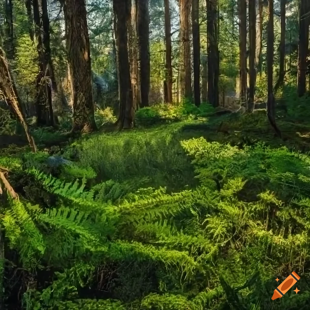 Detailed parasaurolophus walking in a forest clearing with fallen trees and ferns