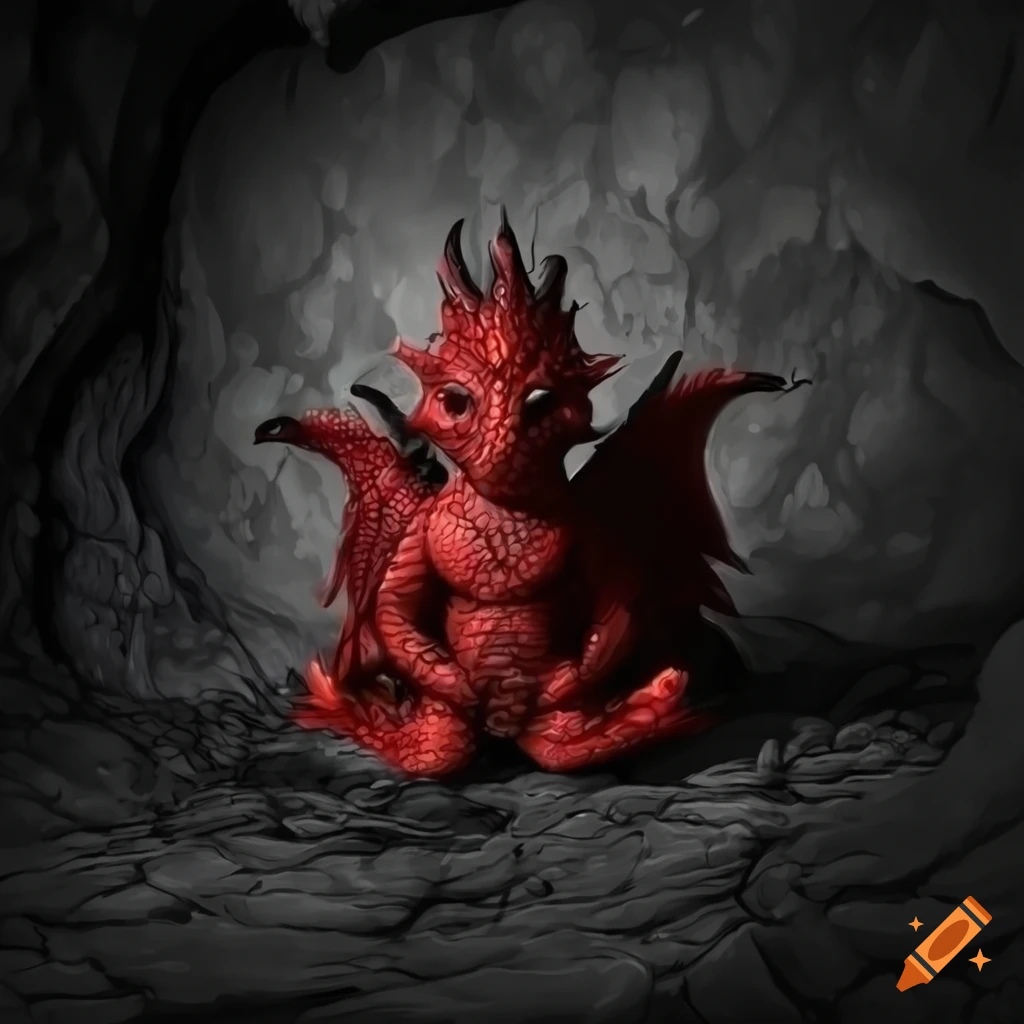 Small red dragon meditating in a dark cave