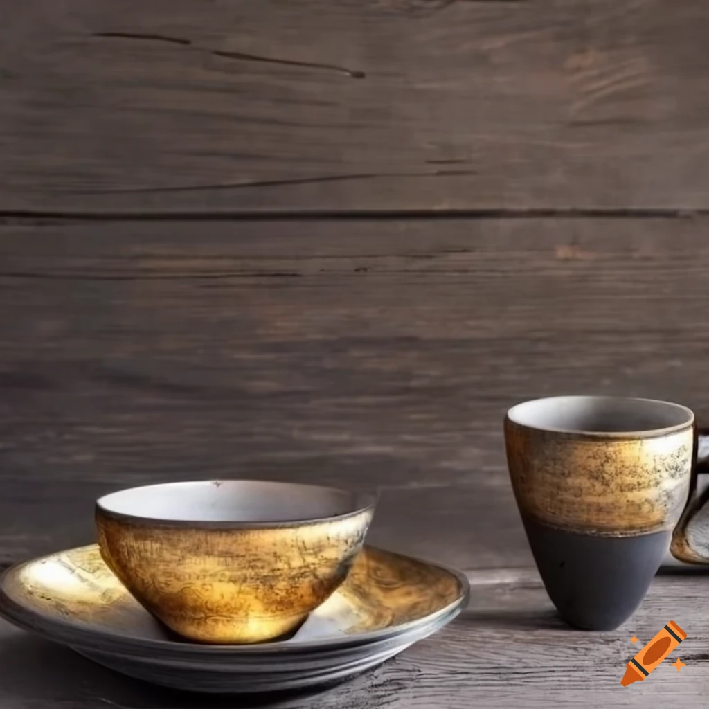 Intricately designed raku pottery on distressed wooden surface
