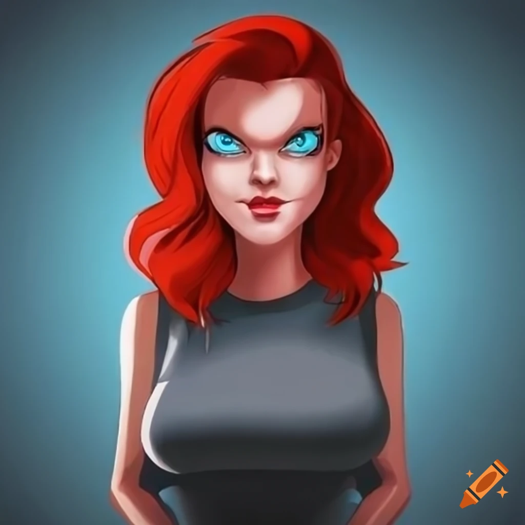 Character inspired by Batman animated series with red hair and ice-blue eyes in dark gray sleeveless shirt