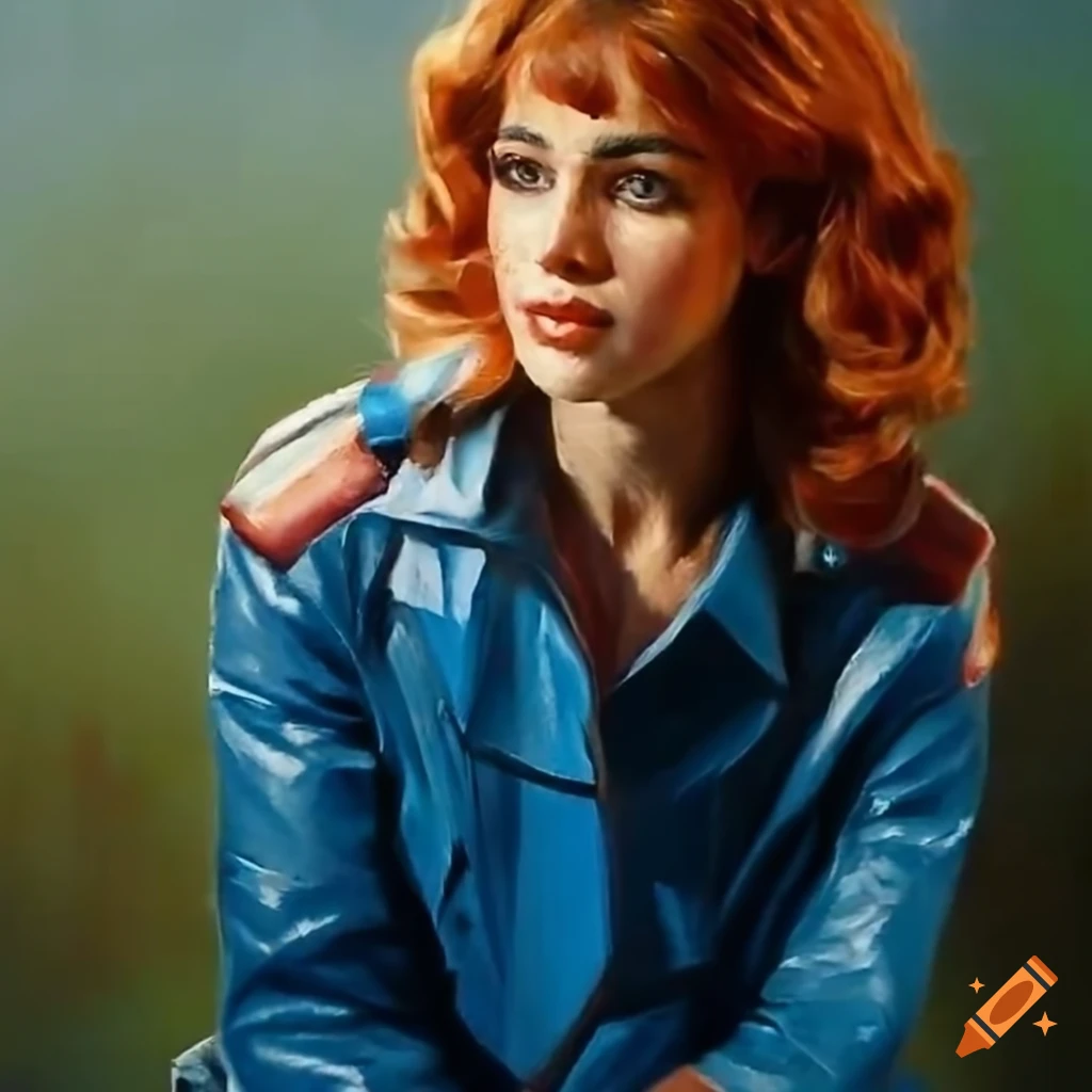 Photorealistic portrait of Fallout 4 retro french idol actress in blue leather vault-suit in a blooming forest