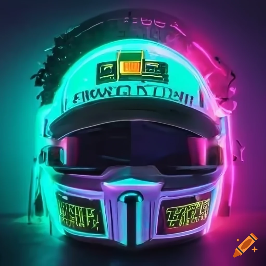 Ayrton Senna helmet in cyberpunk style with neon lights background in 8k resolution