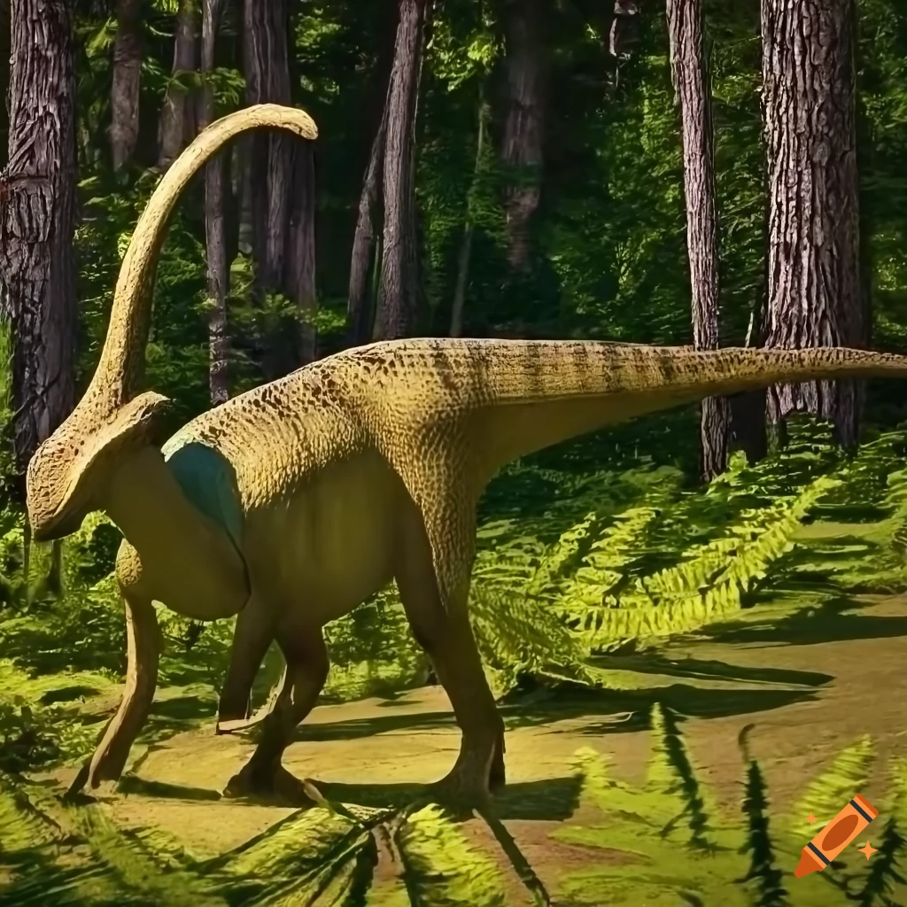 Two Parasaurolophus walking in a fern-covered clearing in British Columbia