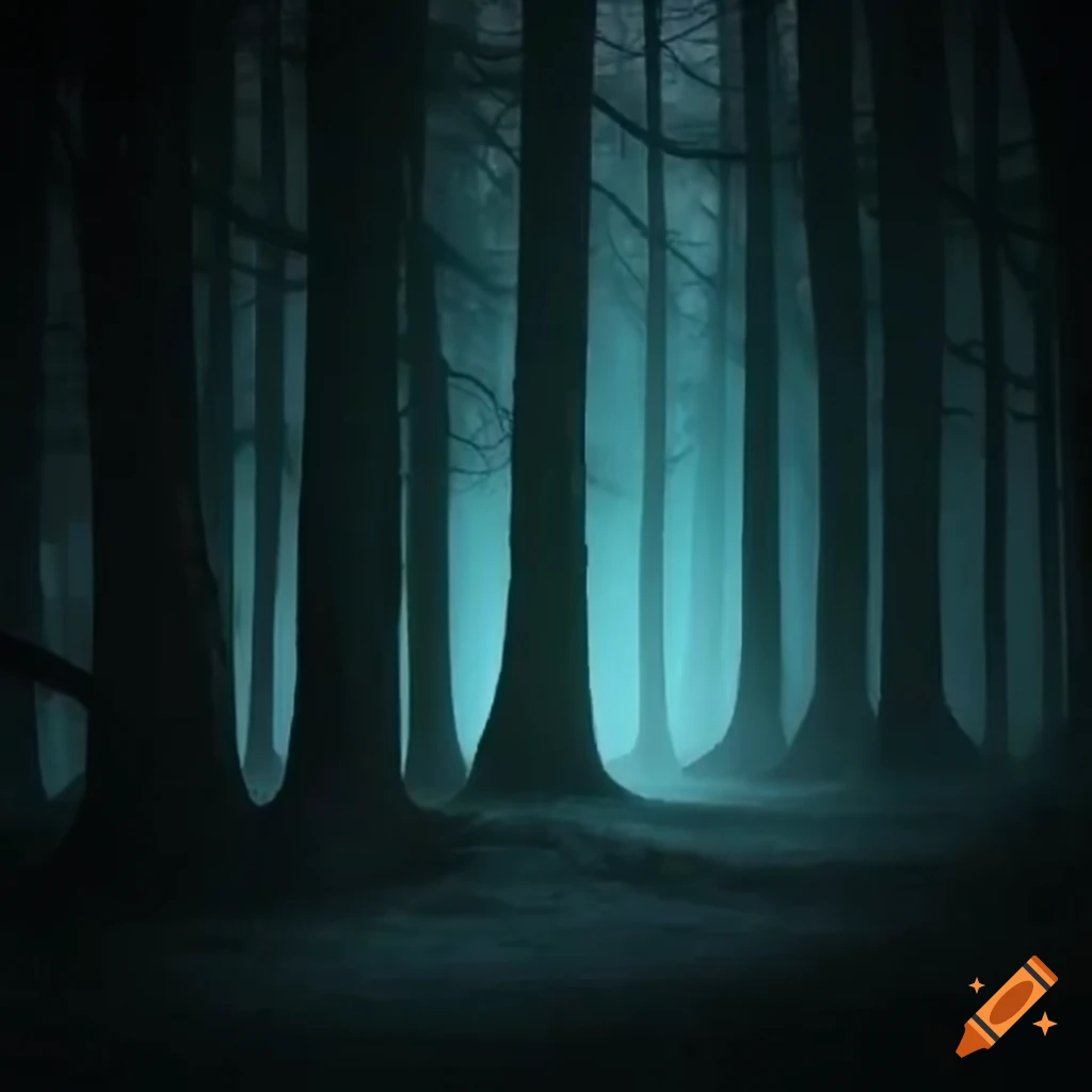 Bosque oscuro con \u00e1rboles altos y ramas entrelazadas bajo la luz tenue de la luna