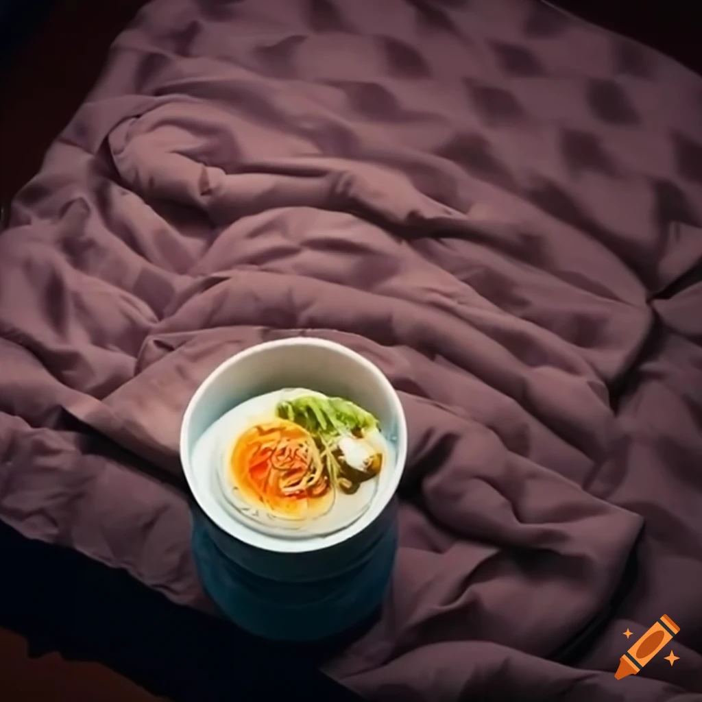 Plastic container filled with ramen on the edge of a bed