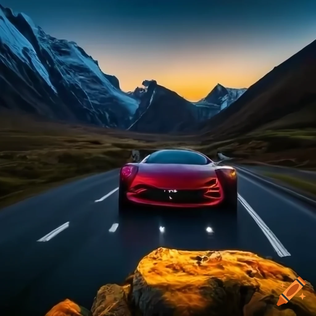 Hyperrealistic Norwegian fjords with super sports cars on roads, dramatic scenery at sunset with vivid colors