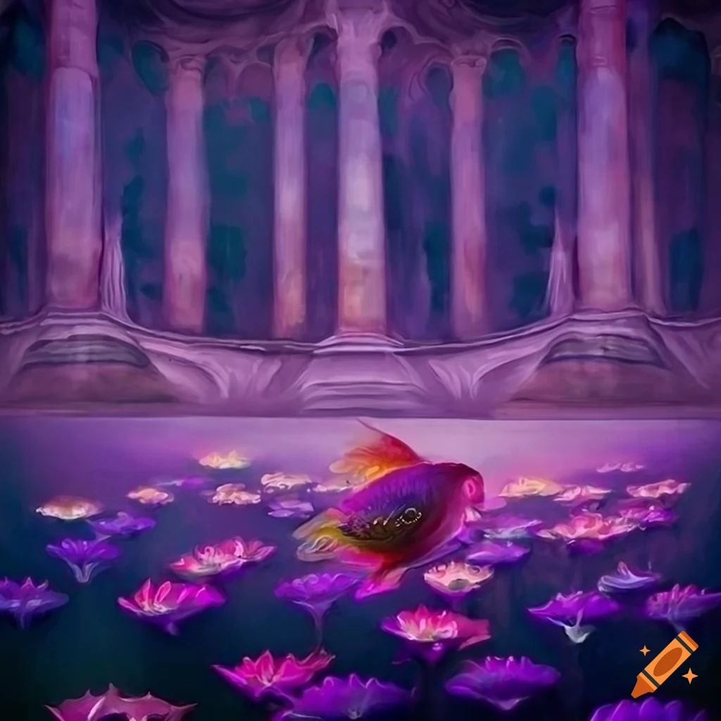 Surreal painting of fish among lotus flowers and pillars in purple hues