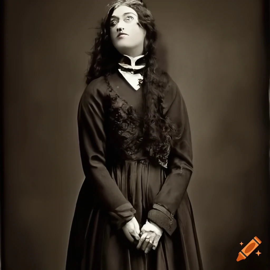 Antique style portrait of a tall 19th-century woman in men's suit