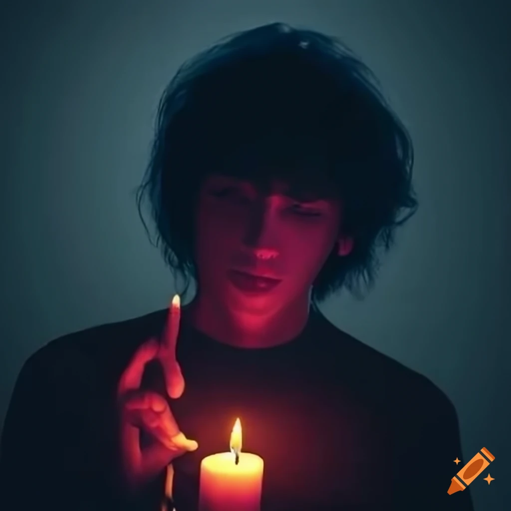 Man with black hair and clothing holding a glowing candle in the dark