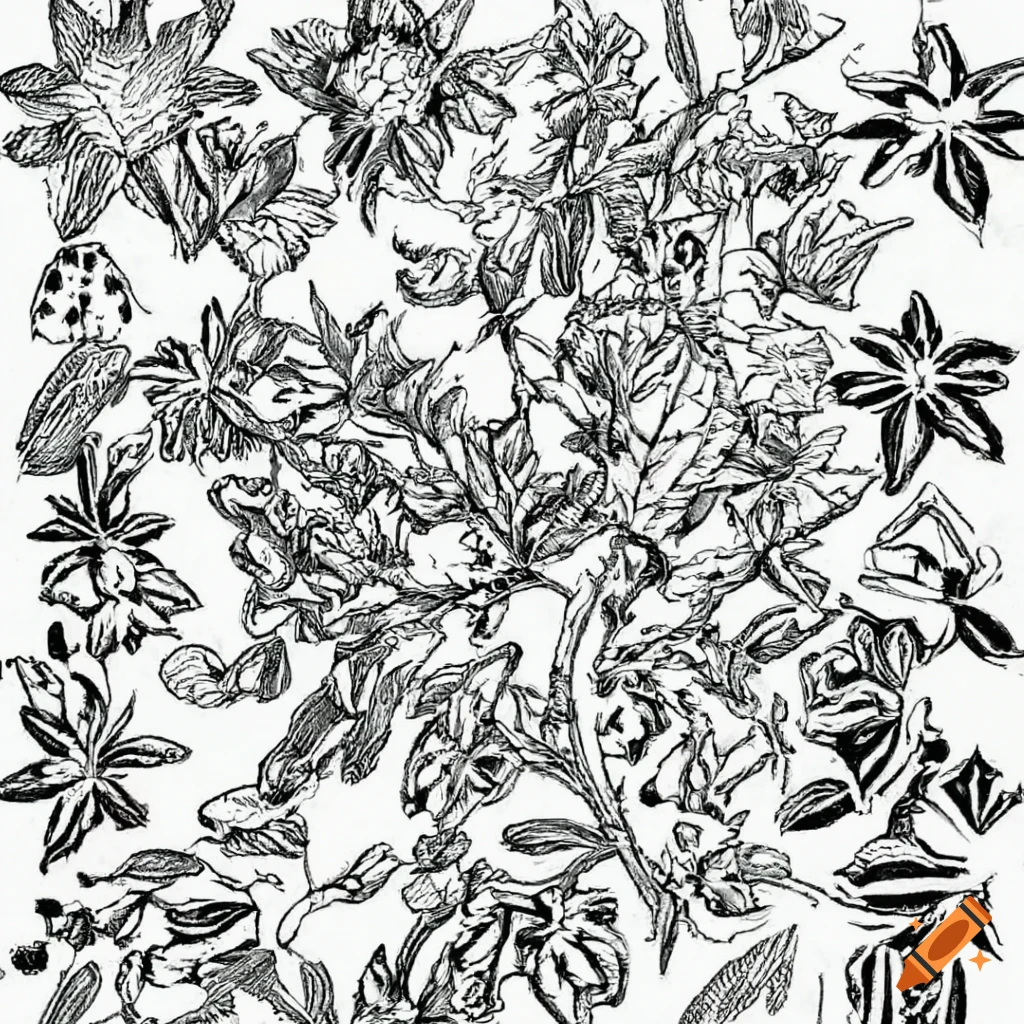 Intricately detailed tessellated drawing of common spices like cinnamon and cardamom