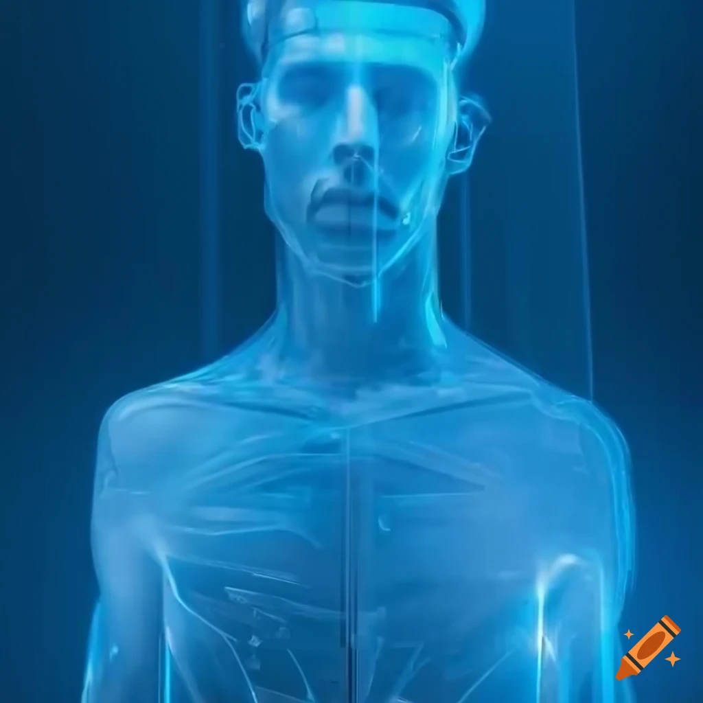 Close-up of a glowing male cyborg surrounded by glass and light