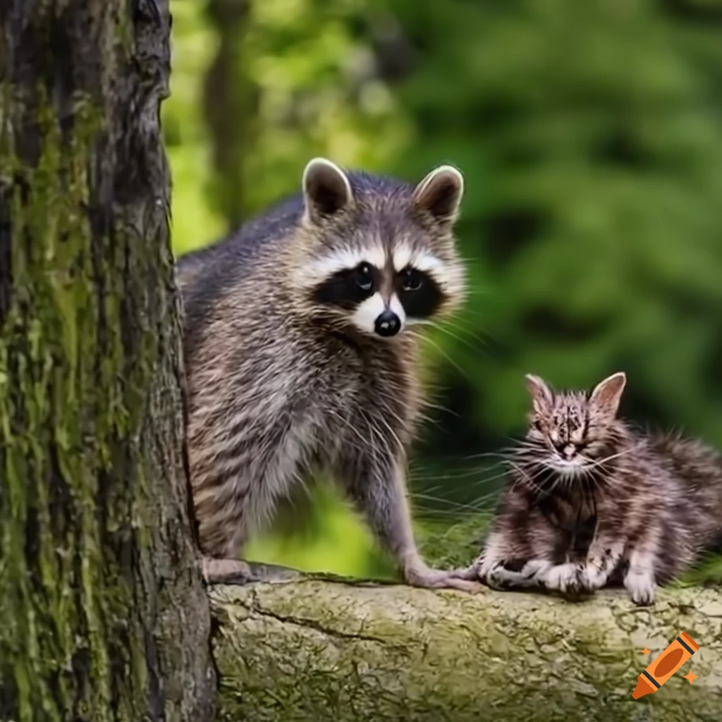 Playful raccoon with a curious cat in a garden setting