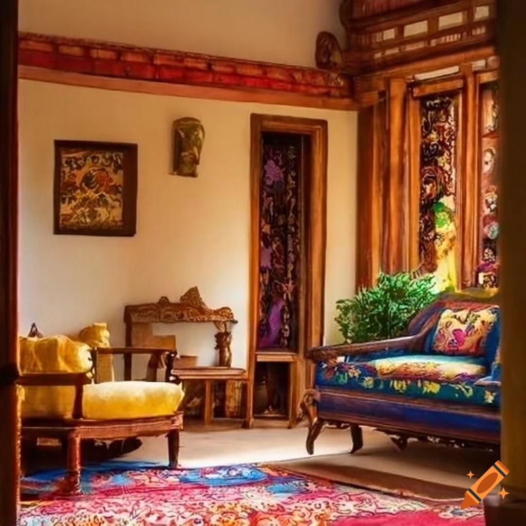 Cozy 1990s style Indian living room with teakwood furniture and floral upholstery
