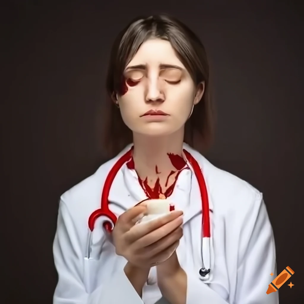 Female doctor in white coat with candle, sad face, and tears
