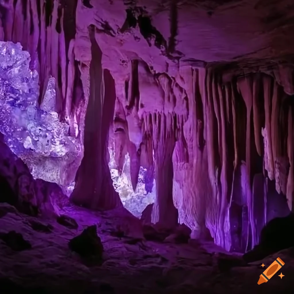 Mystical cave with purple crystals on the walls
