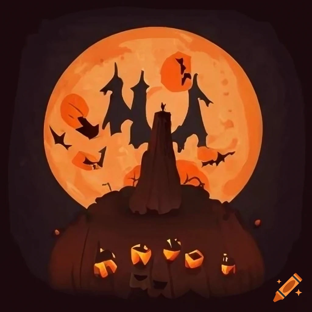 Halloween T-shirt design with animated jack-o'-lanterns in a pumpkin patch at night