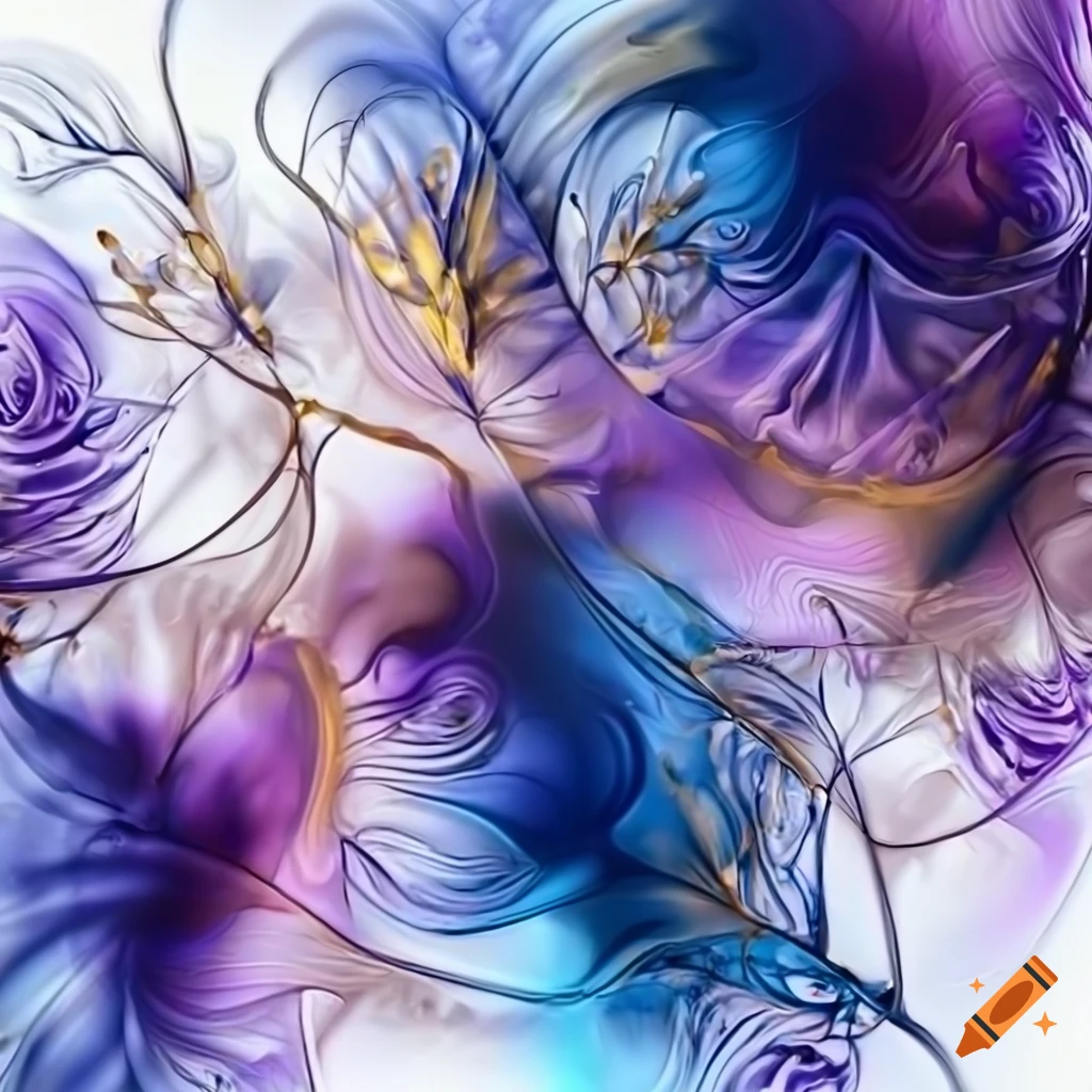 Abstract artwork of transparent leaves and flowers in silver, platinum, purple, navy blue, and golden hues on white background