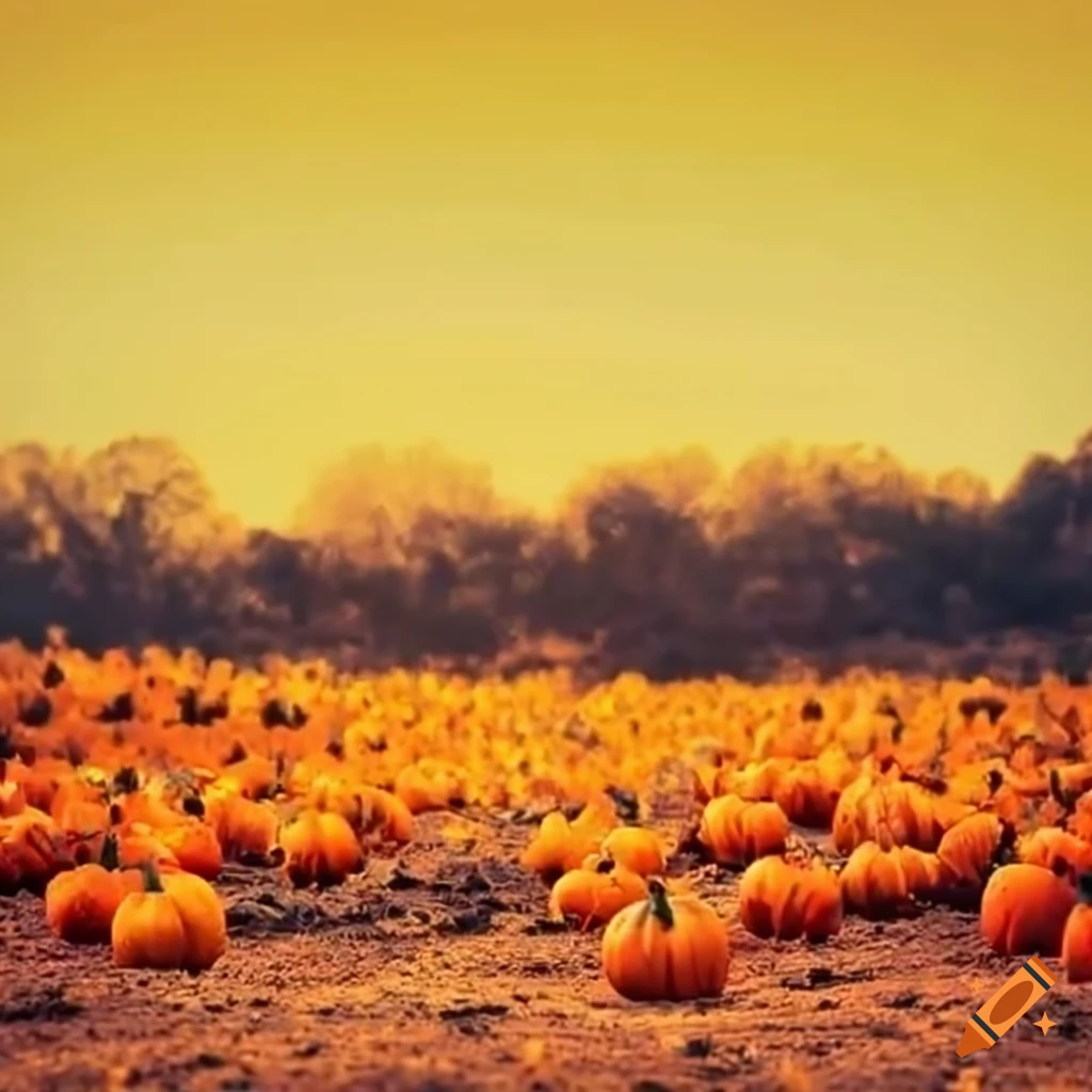 Orange Halloween pumpkin patch under a sunny yellow sky