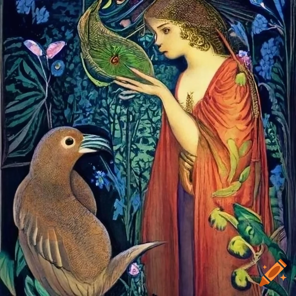Illustration of Curandera Raven and Mother Goose in dark hooded cape and elegant peacock attire