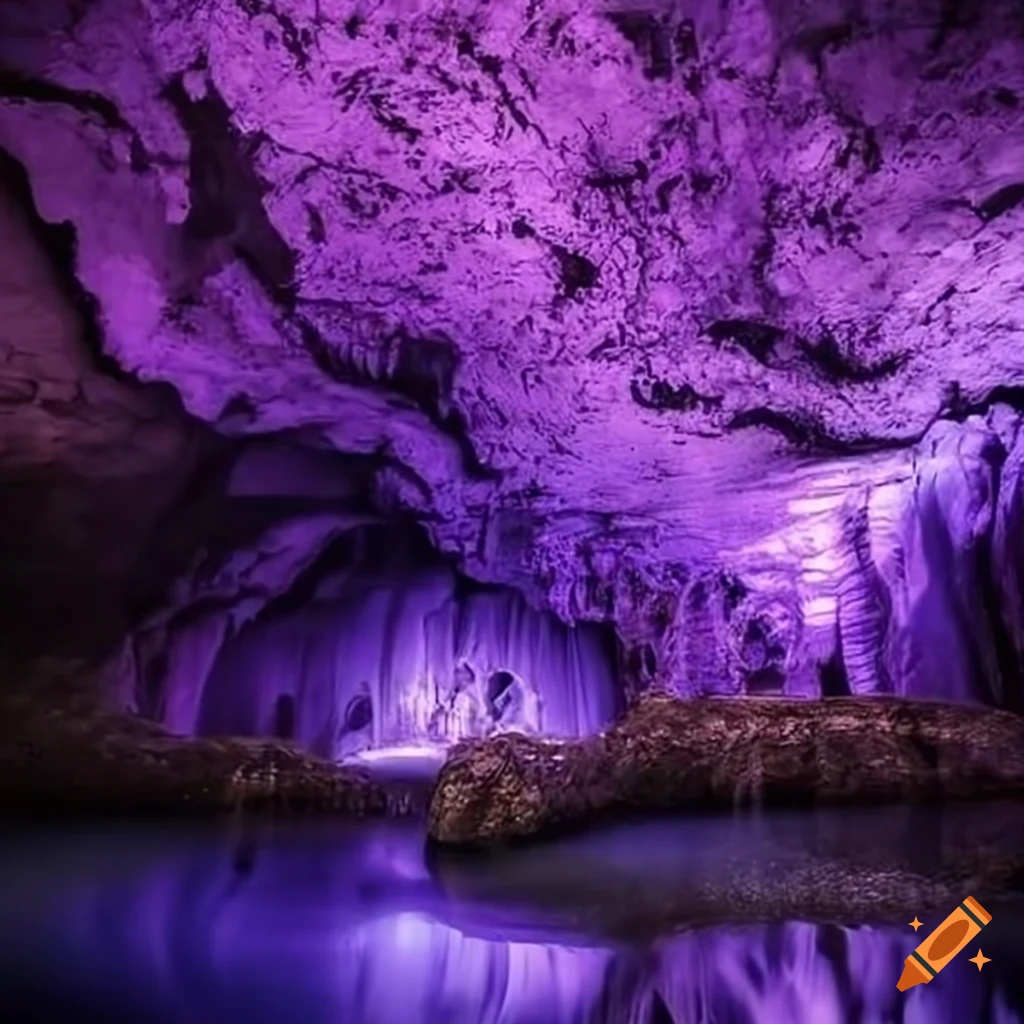 Mystical cave with purple crystals on the walls