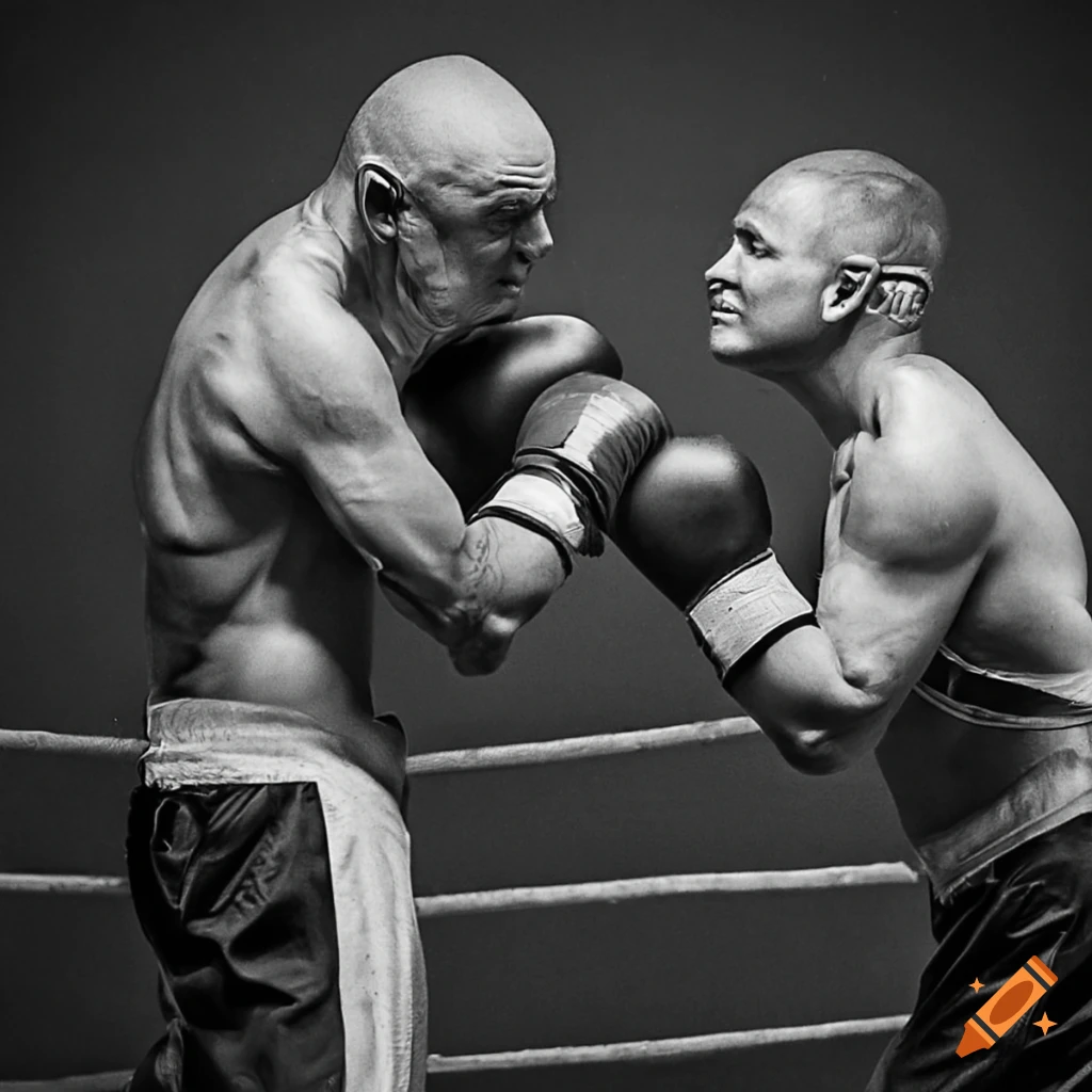 Muscular senior boxers facing off in the ring