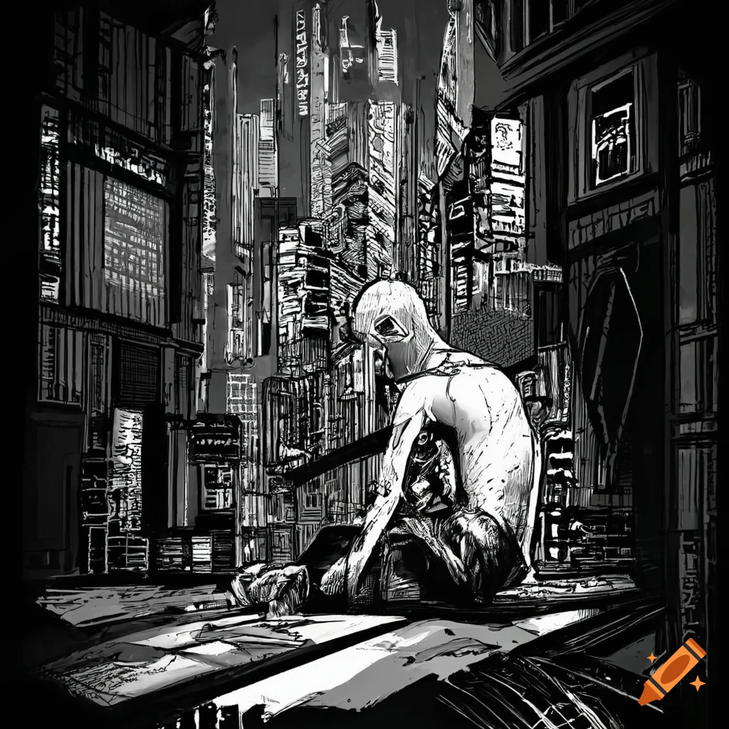 Cyberpunk dystopia design in ink depicting social injustice