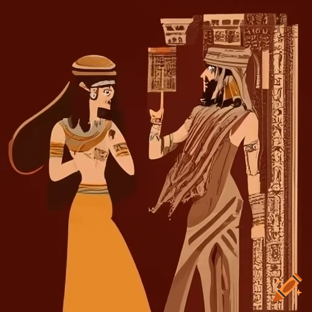 Gilgamesh and elders with young priestess of Ishtar in a historical setting