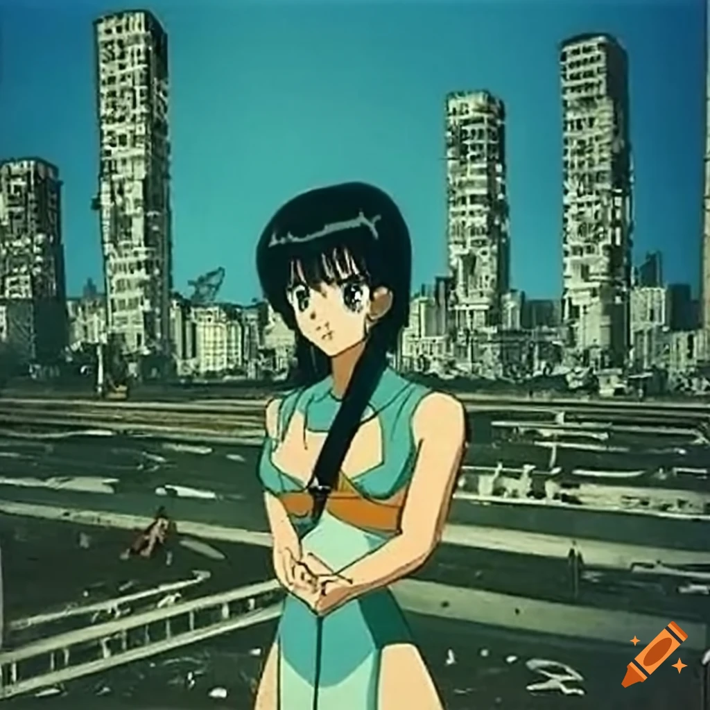 Urban landscape destruction due to climate change with anime-style 70s girl in foreground