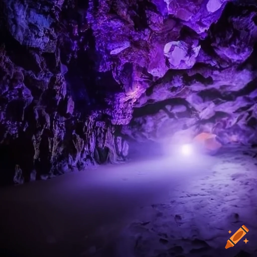 Mystical cave with purple crystals on the walls