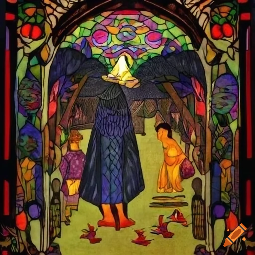Illustration of a mystical Curandera Raven and an elegant Mother Goose by Walter Crane and Diego Rivera