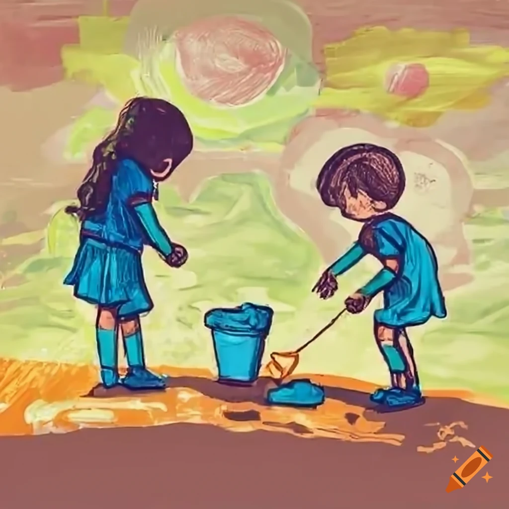 Children picking up trash on a sunny day