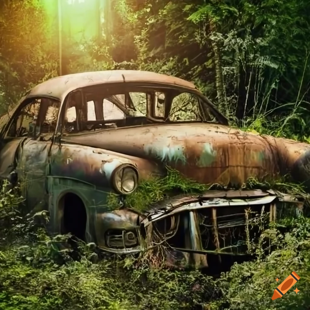 Old abandoned cars in a junkyard overgrown by nature with mysterious light rays