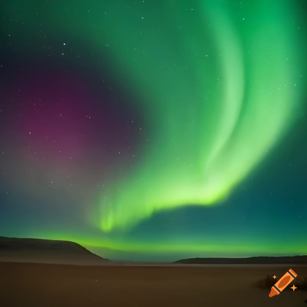 Northern lights over desert landscape with crashed plane and ball of light