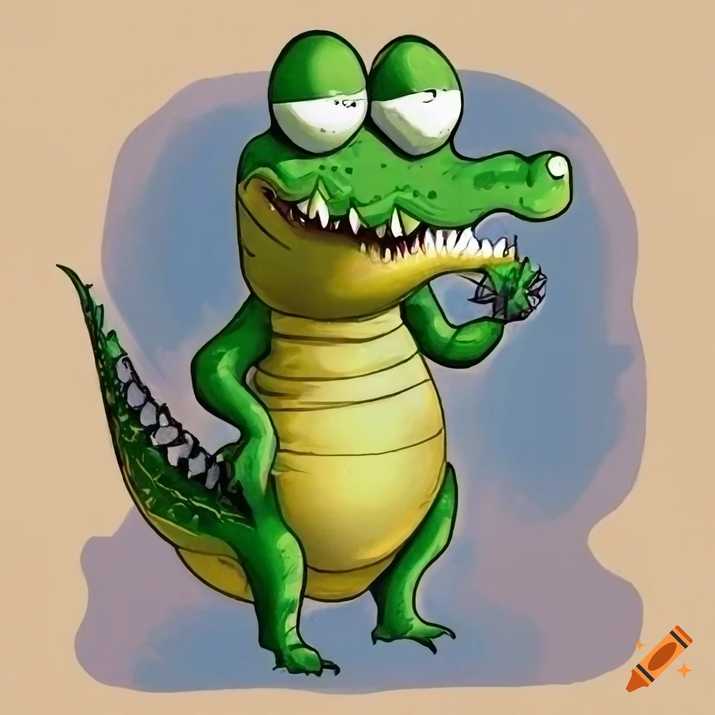 Friendly upright walking crocodile with a ball in colorful children's book illustration