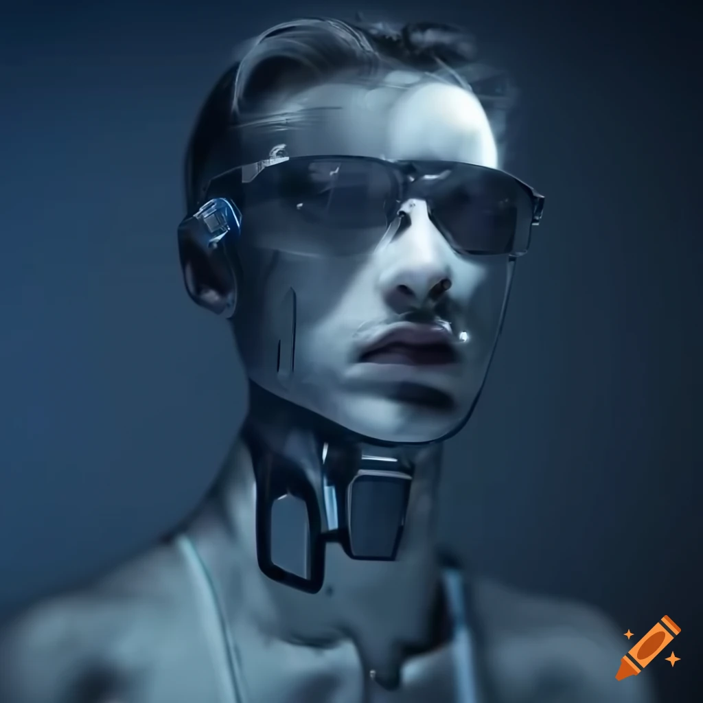 Close-up of a skinny male cyborg in silver beams of light