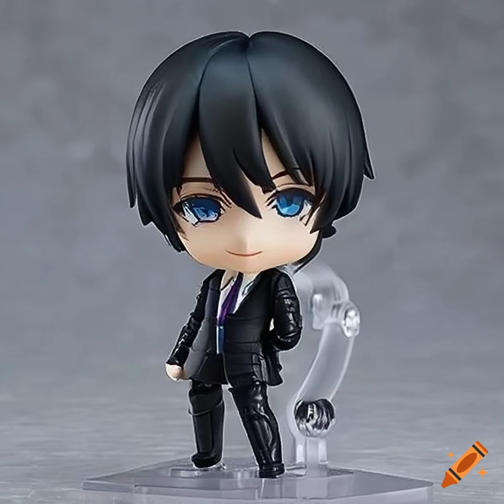 Nendoroid male in a black suit with blue eyes on a gray background