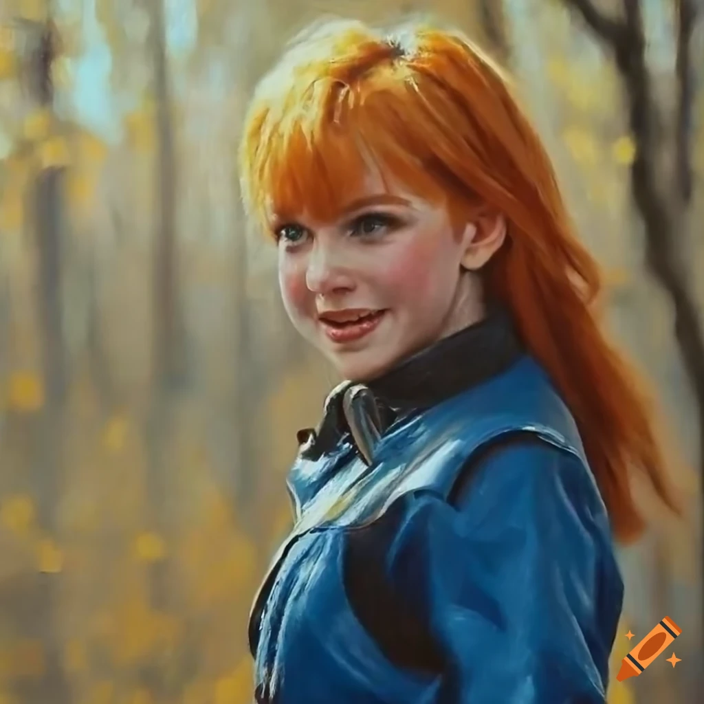 Artistic portrait of a smiling actress in a blue vault-suit in a blooming forest