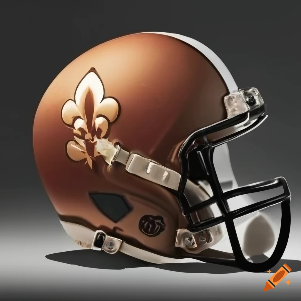 Close-up of NFL helmet with fleur-de-lis design and football textures
