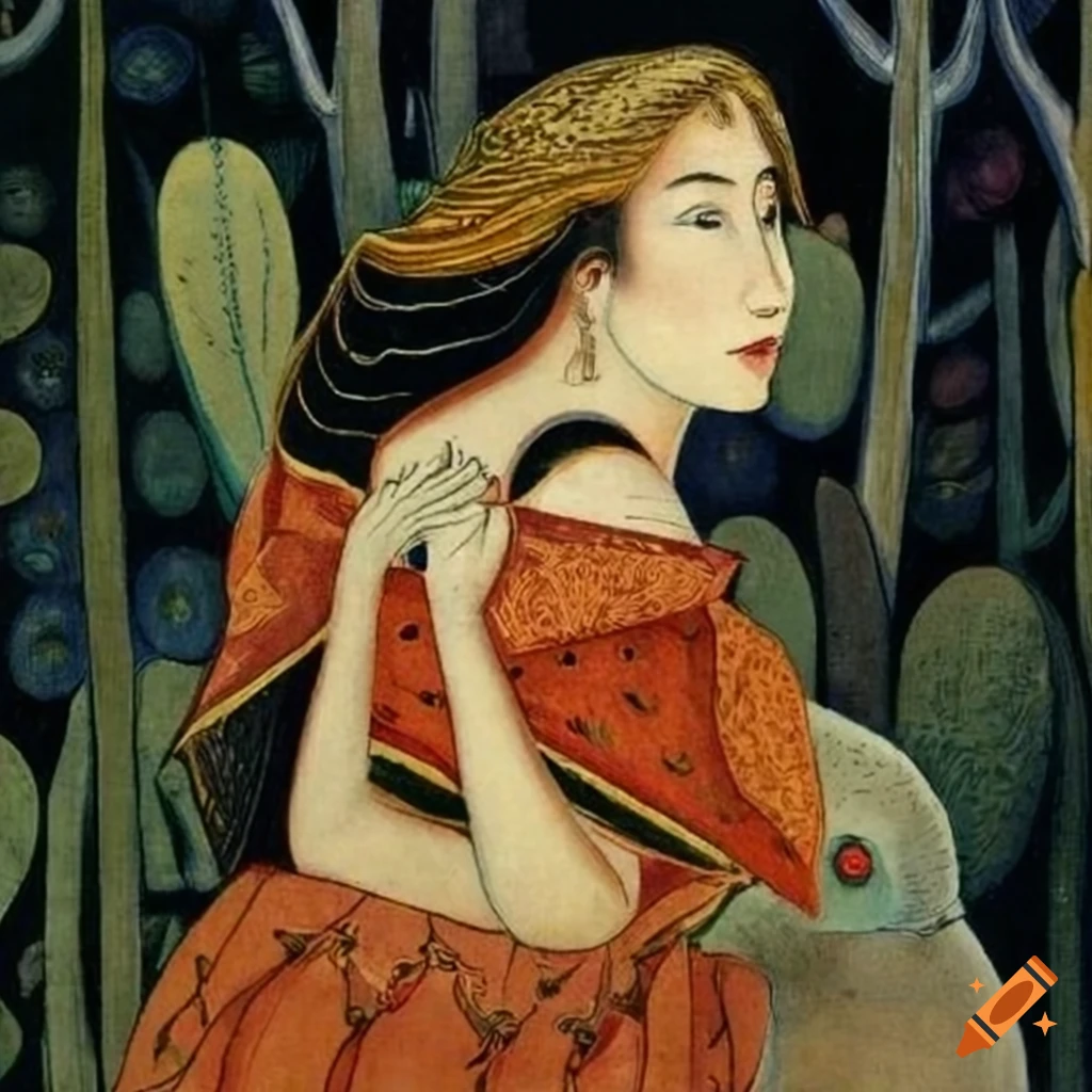 Illustration of mystical Raven and elegant Mother Goose in hooded cape and peacock outfit