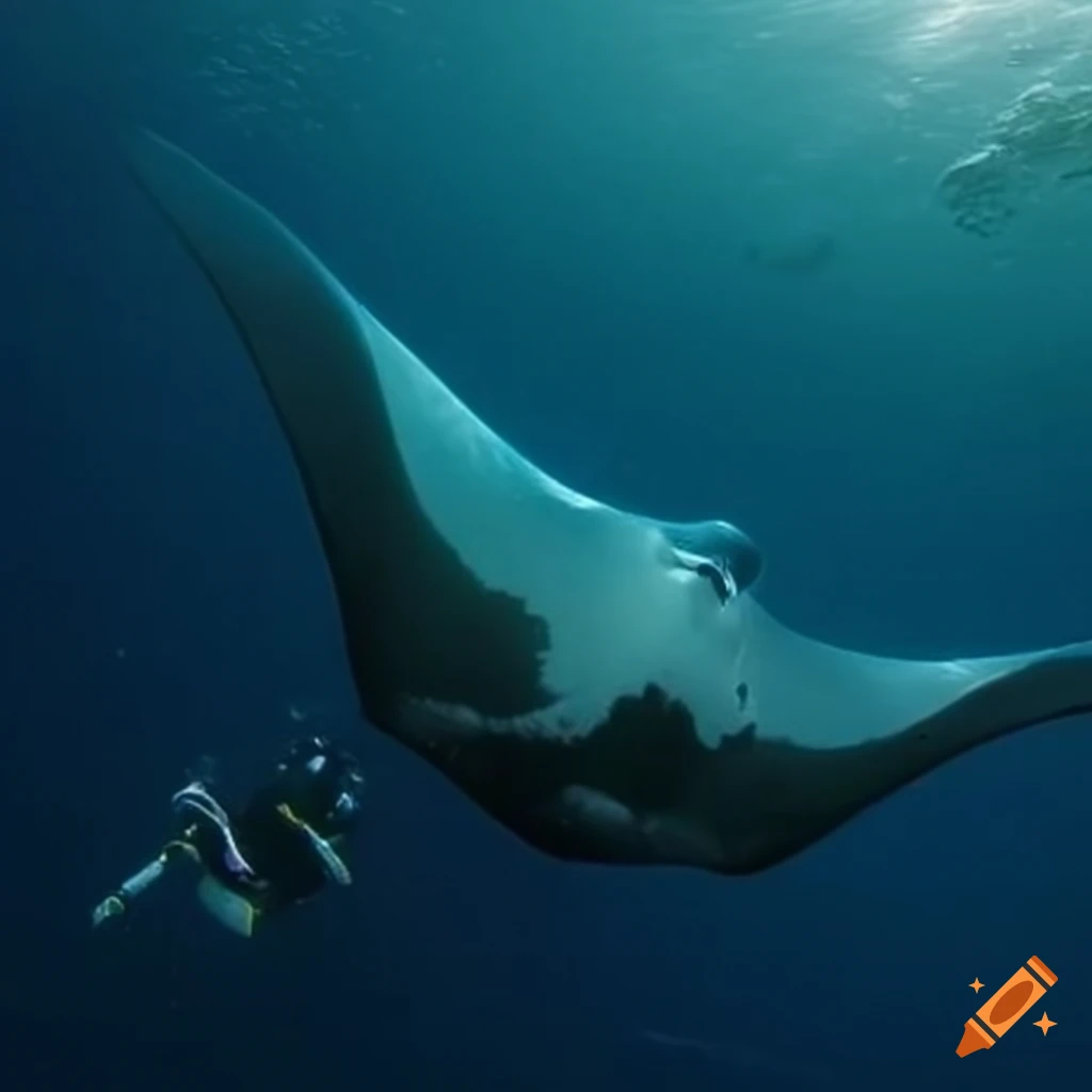 Ama diver diving next to a manta ray