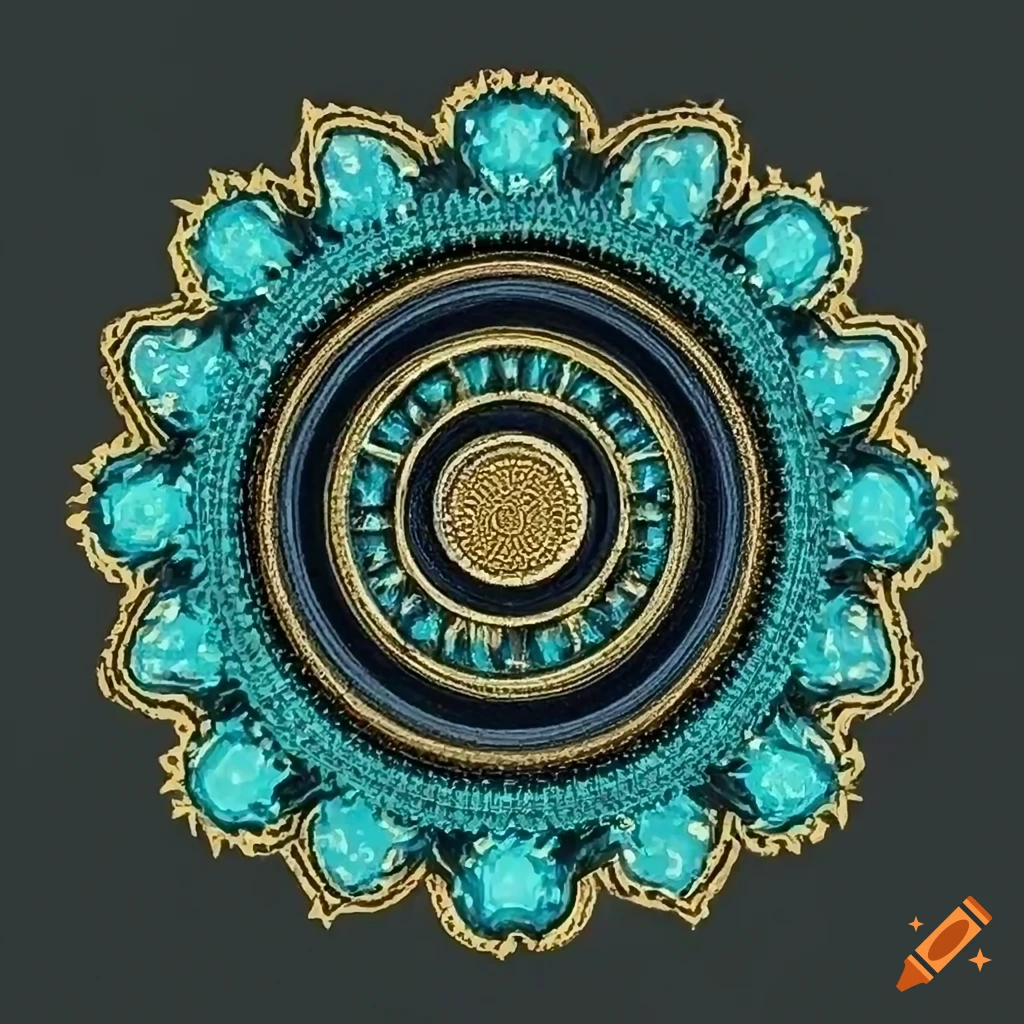Complementary black, teal, and gold rosette design for a guitar