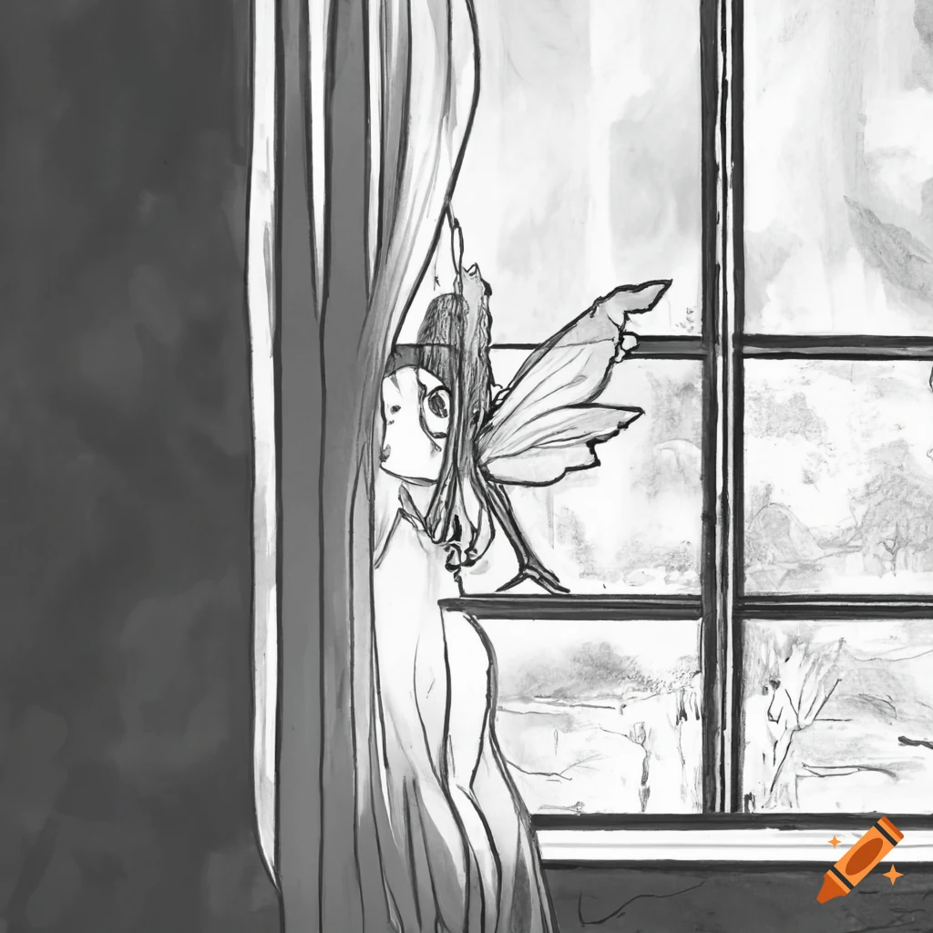 Sad fairy sitting on windowsill looking out into the distance in pencil style