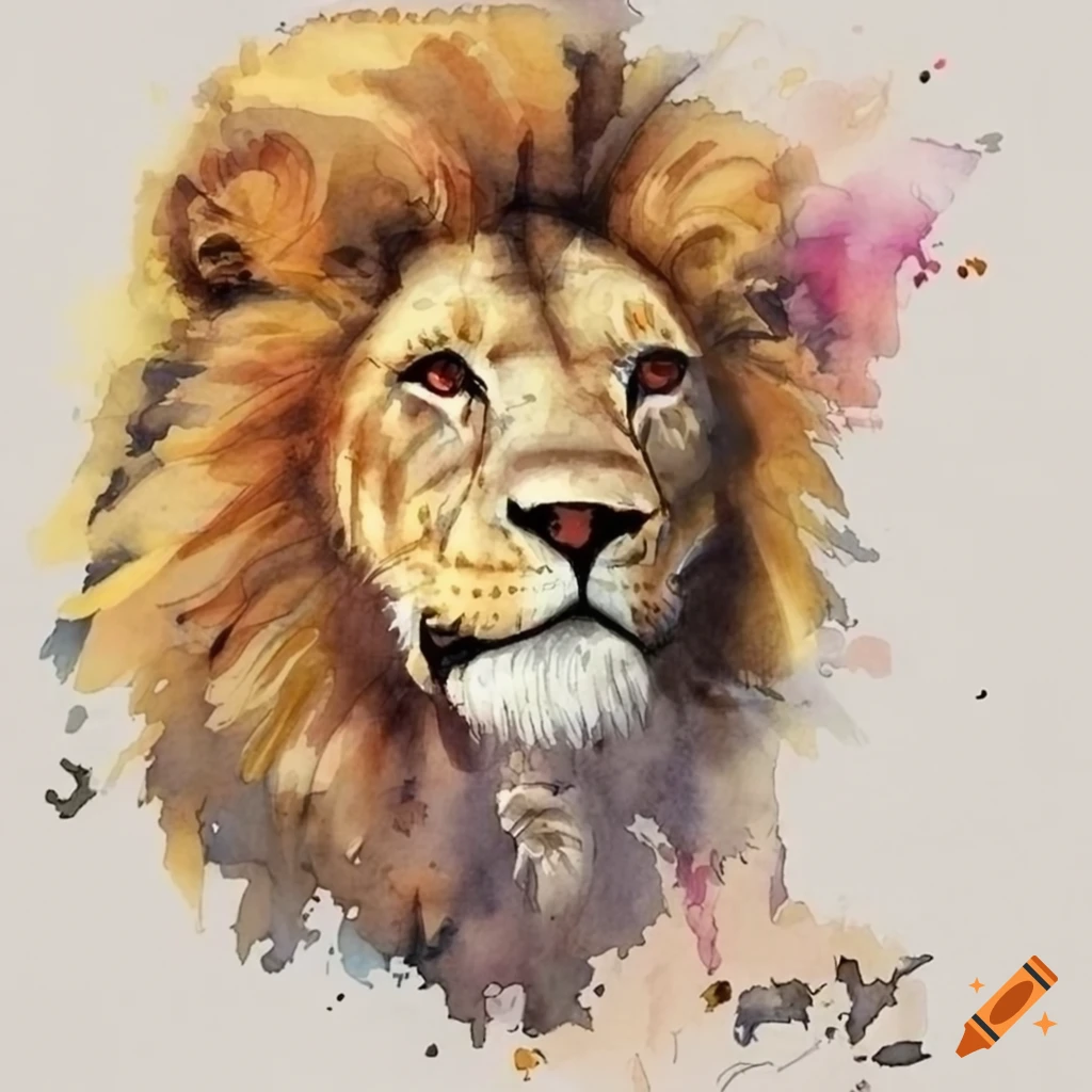 Lion and lion cub drawing without watercolor landscape